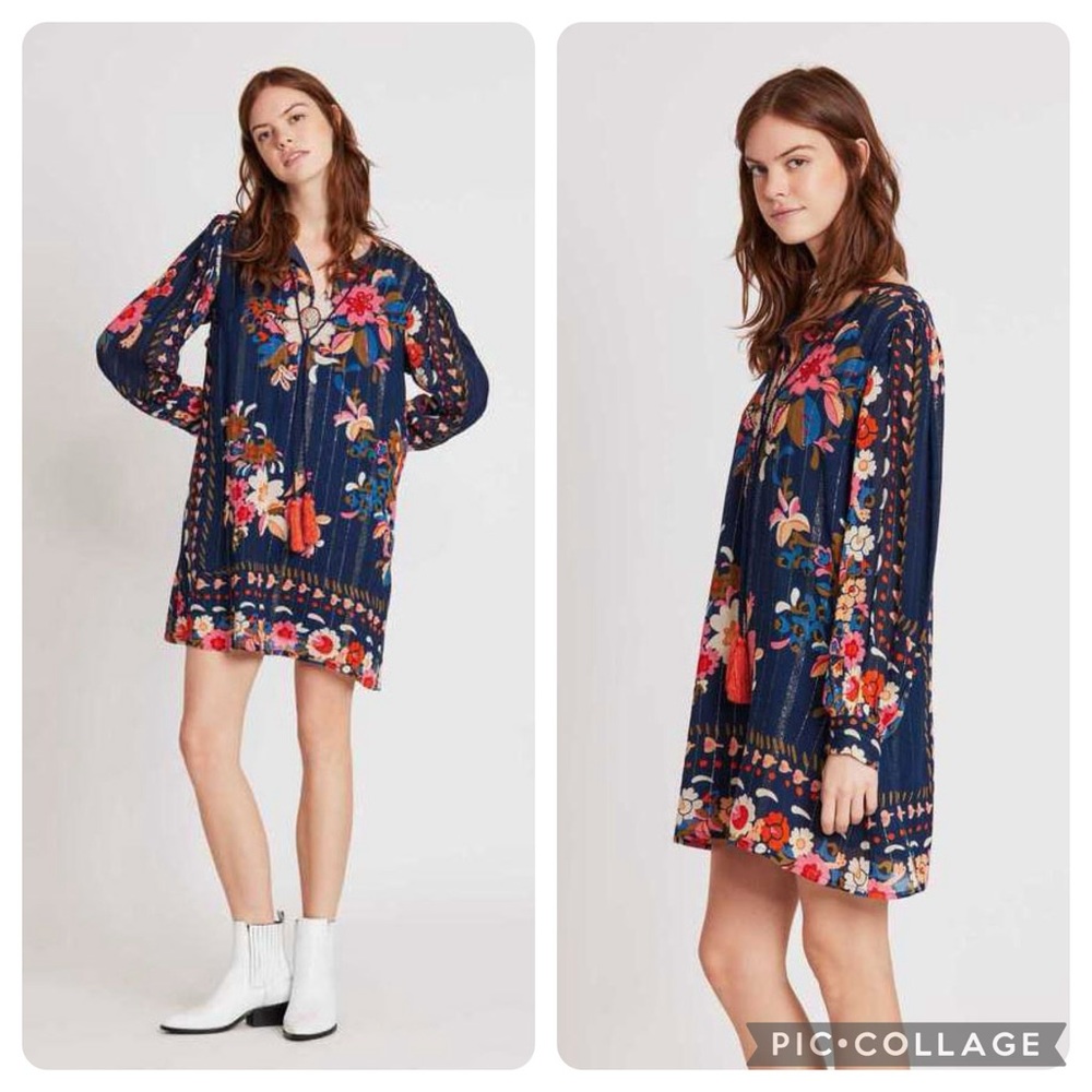 RARE Rene Derhy “Sidonie” Embroidered Metallic Thread Blue Floral Shift Dress